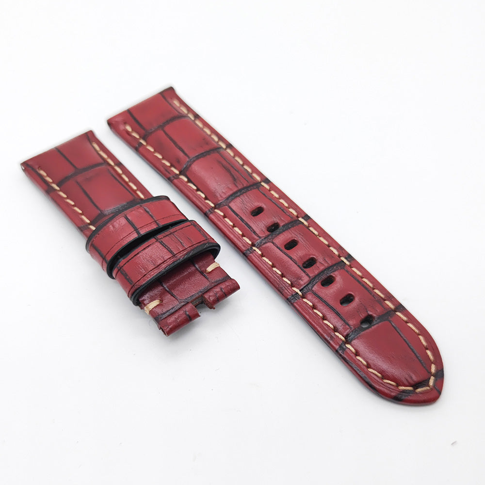 Bamboo Crocodile Rose Red Calf Leather Band Strap for PAM LUNMINOR RADIOMIR Replacement Bracelet 24mm-22mm